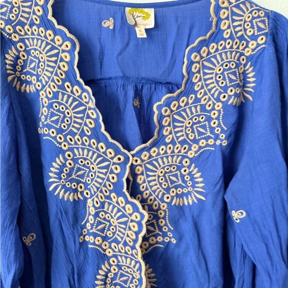 Fig & Flower Blue/Brown Embroidery 3/4 Sleeve Blouse Tunic Top Boho Sz Small - Picture 2 of 10